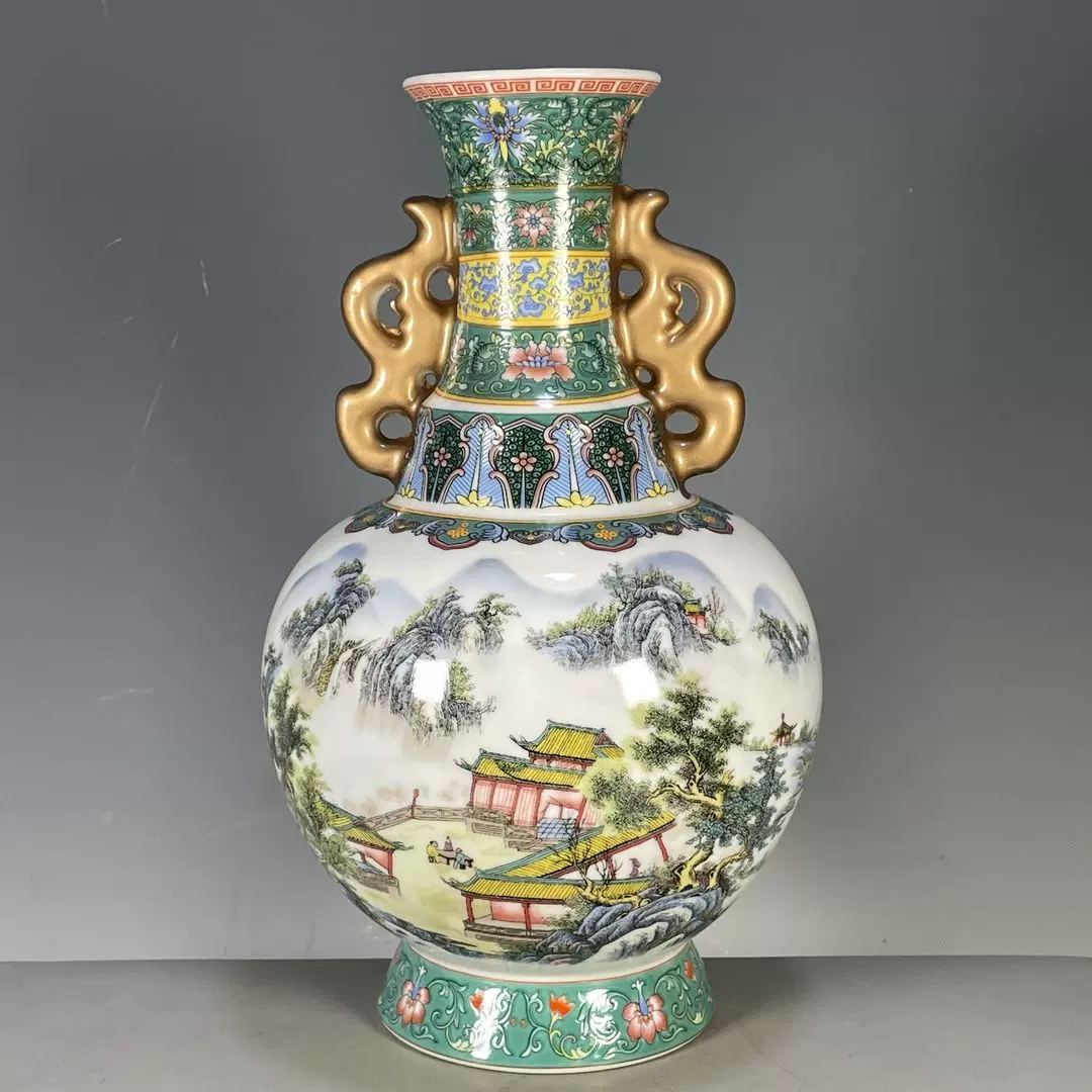 天下谈·古瓷遗珍｜海外回流大清乾隆年制五彩山水图纹双耳瓶古瓷鉴赏