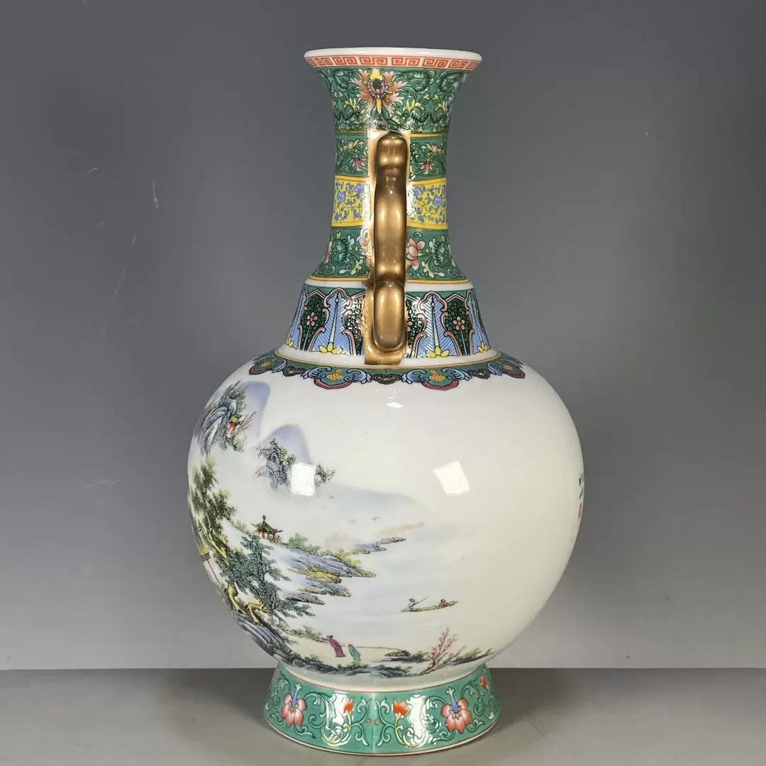 天下谈·古瓷遗珍｜海外回流大清乾隆年制五彩山水图纹双耳瓶古瓷鉴赏